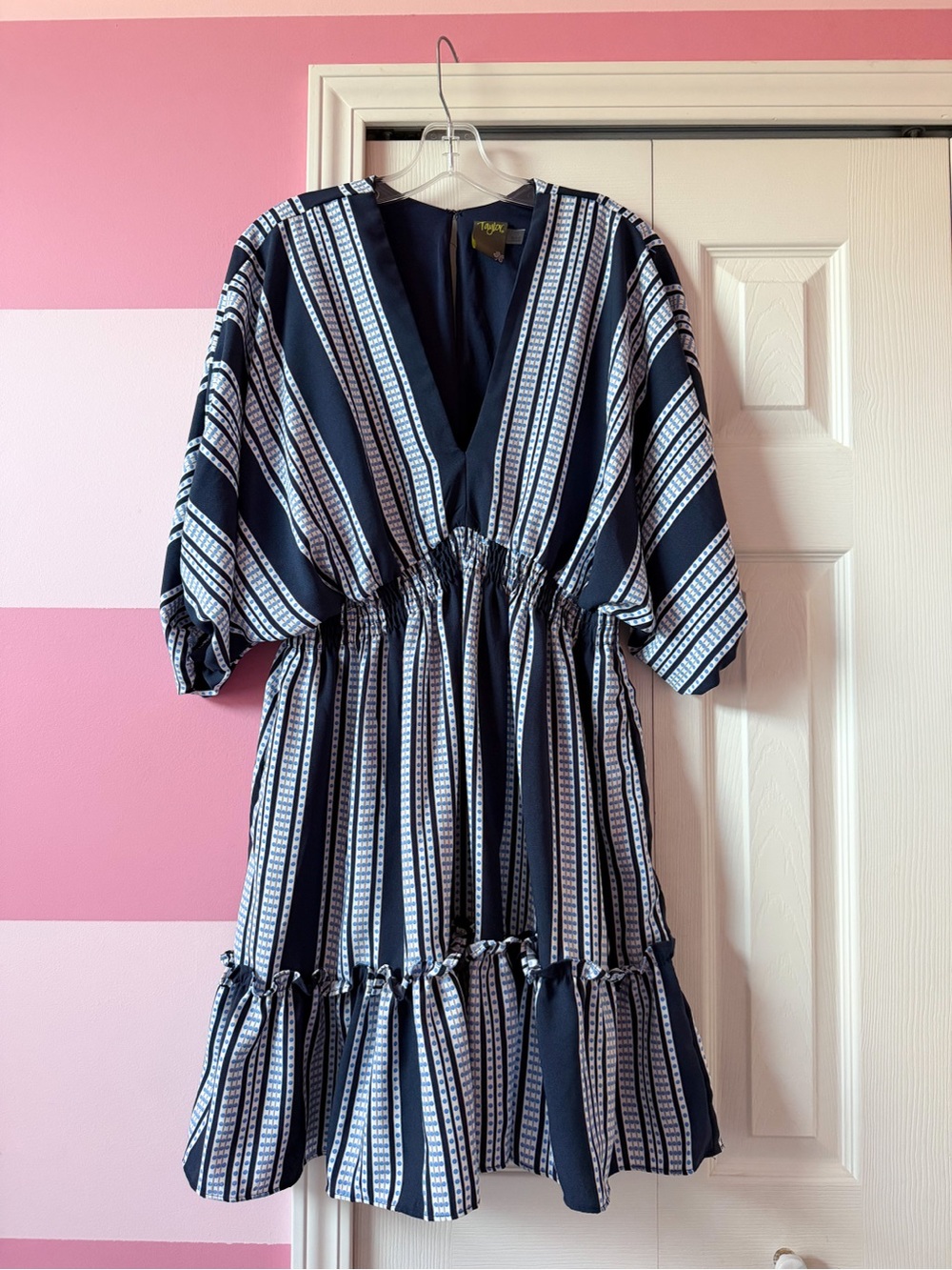Taylor Navy and White Striped V-Neck Midi Dress
